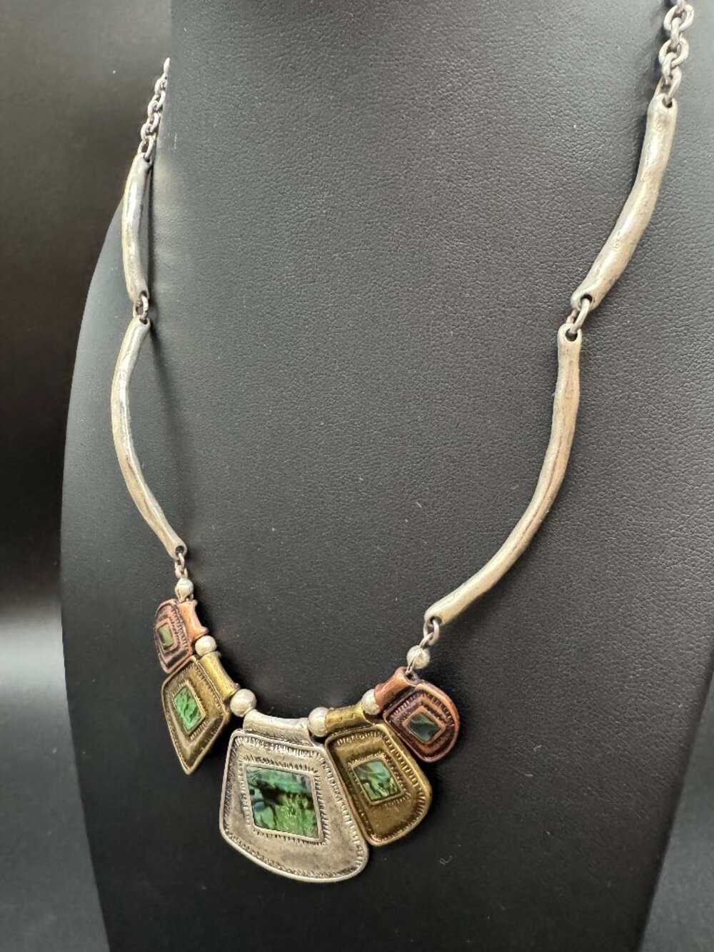 Tribal Necklace Silver Gold and Copper Tone Abalone Shell Accents - Picture 5 of 7